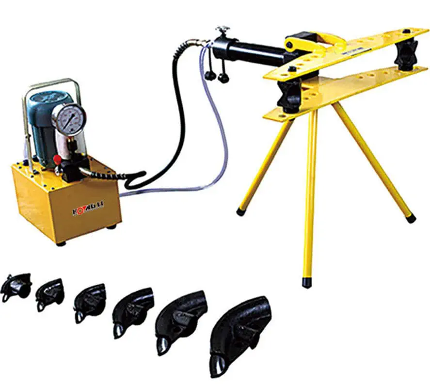 DOBLADORA DE 1-2 A 4¨ Dobladora de 1/2 a 4 con tripode amarillo con bomba electro-hidraulica conectadacon mangueras de 220 volt con 9 dados