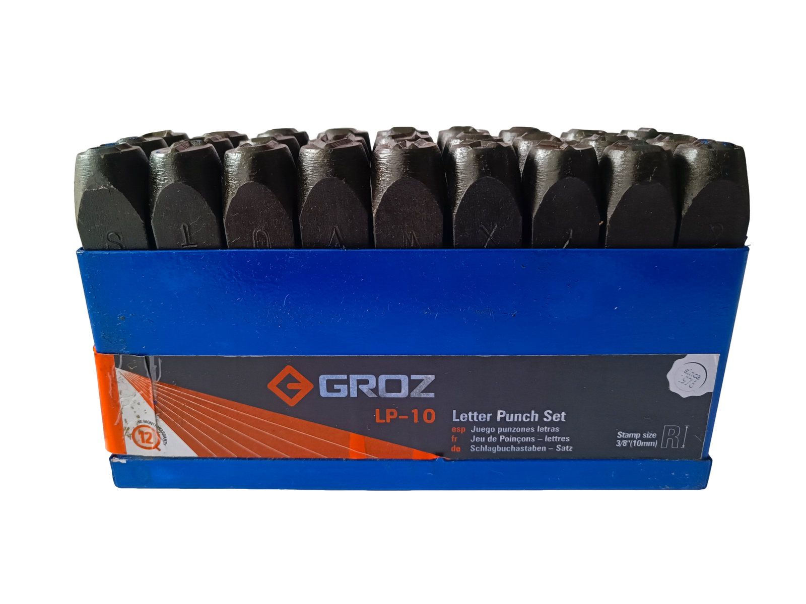 Juego abecedario de golpe Groz de 10 mm con letras y números para marcado en metal